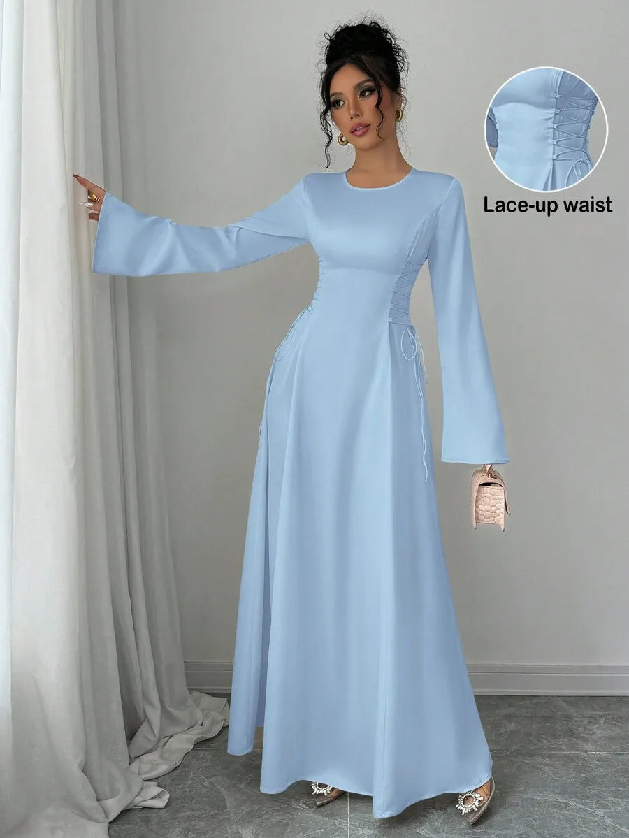 Elegant Ivory A-Line Satin Maxi Dress With Cinched Waist And Flare Sleeves