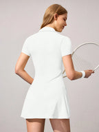 Women's Short Sleeve Tennis Dress with Collar – White Golf Skort Dress with Built-in Shorts