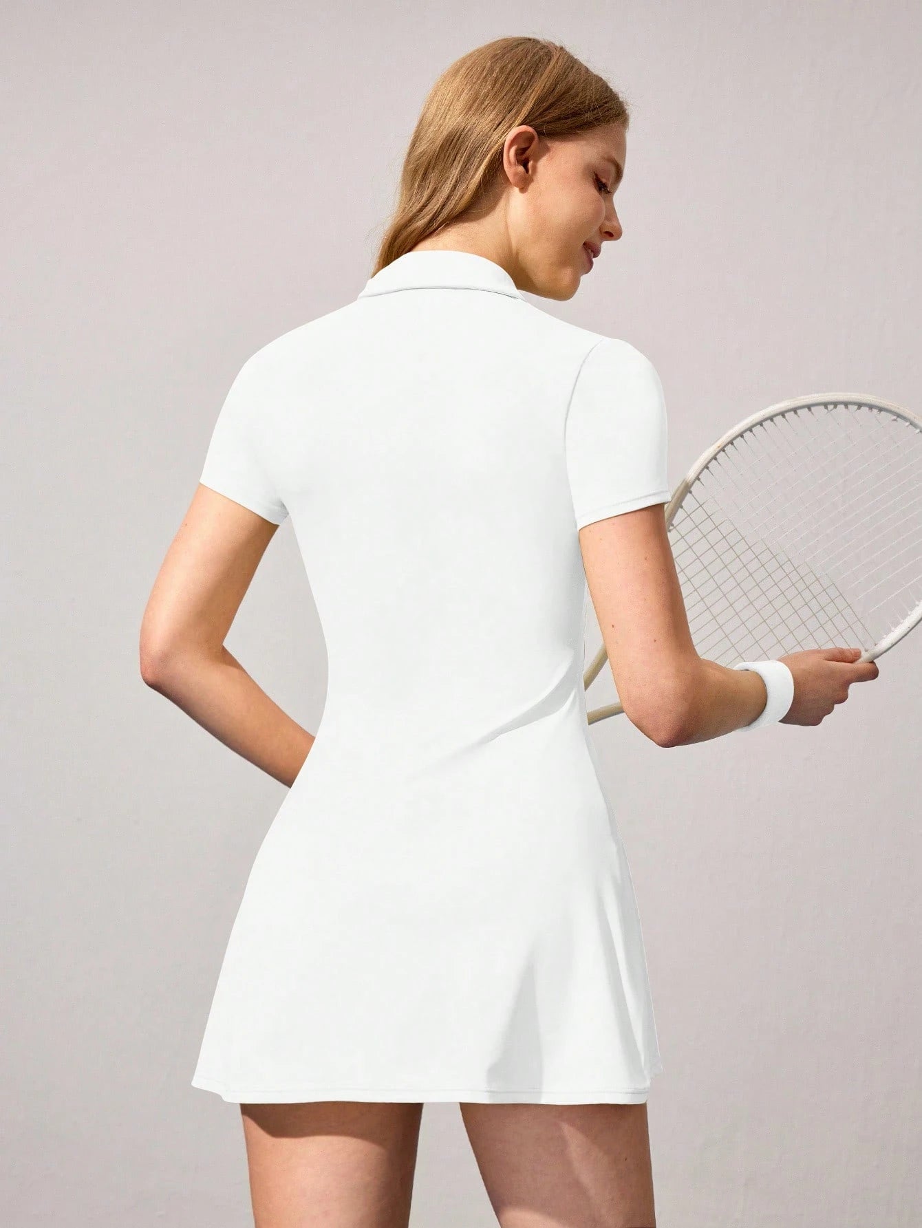 Women's Short Sleeve Tennis Dress with Collar – White Golf Skort Dress with Built-in Shorts