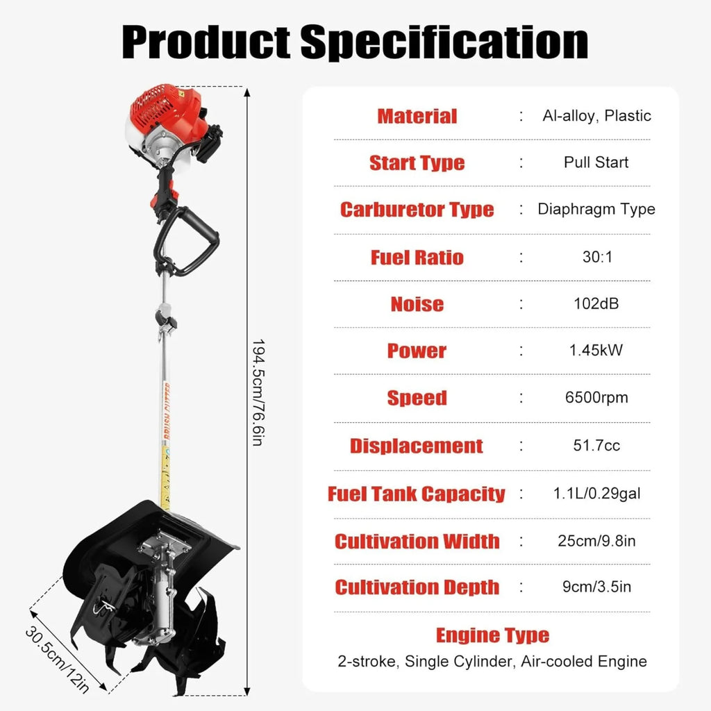 Handheld Tiller Cultivator 51.7CC 2-Stroke Single-Cylinder Gasoline Engine Rototiller Gas Powered Rototillers Tool for Garden