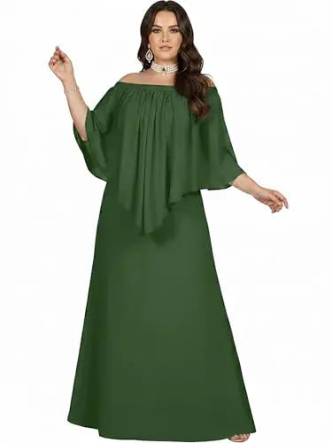 Women Plus Size Off Shoulder Long Maxi Dress Batwing Sleeve Chiffon Formal Wedding Guest Evening Party Gown