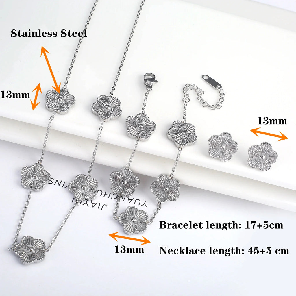 Simple 316L Stainless Steel Flower Five Leaf Necklace Bracelet Earrings 18K Gold Plated Jewelry Set for Women Girl Gift Clover