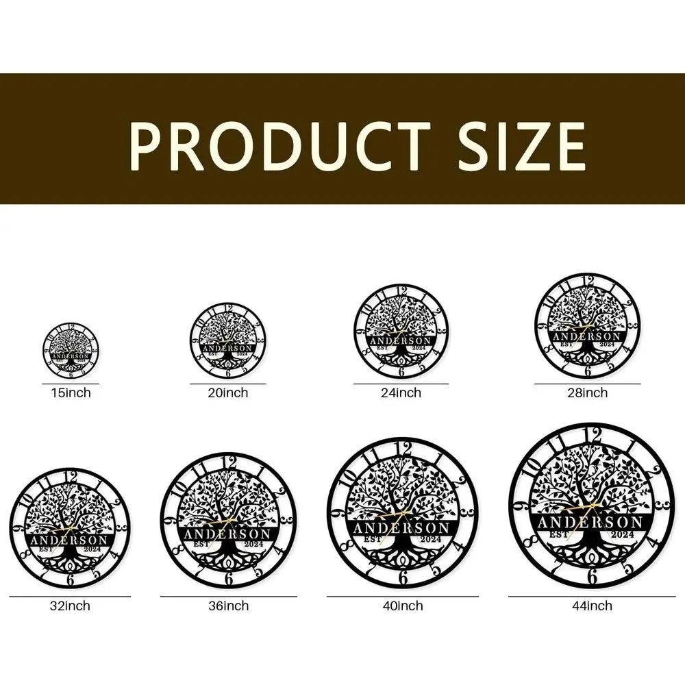 Custom Engraved Family Tree Metal Wall Clock - Personalized Name Wall Art, Large Home Decor for Housewarming or Wedding Gifts