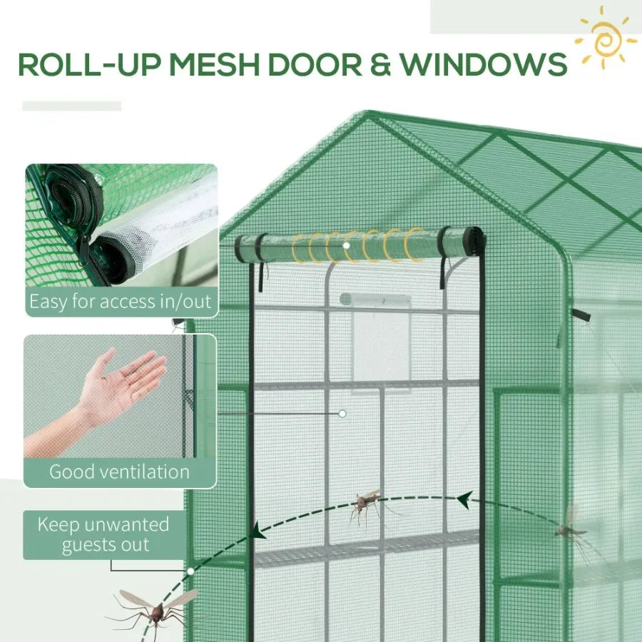 Outdoor walk-in greenhouse 7' x 5' x 6' with UV-protective green polyethylene cover, steel frame, mesh door and windows, includ
