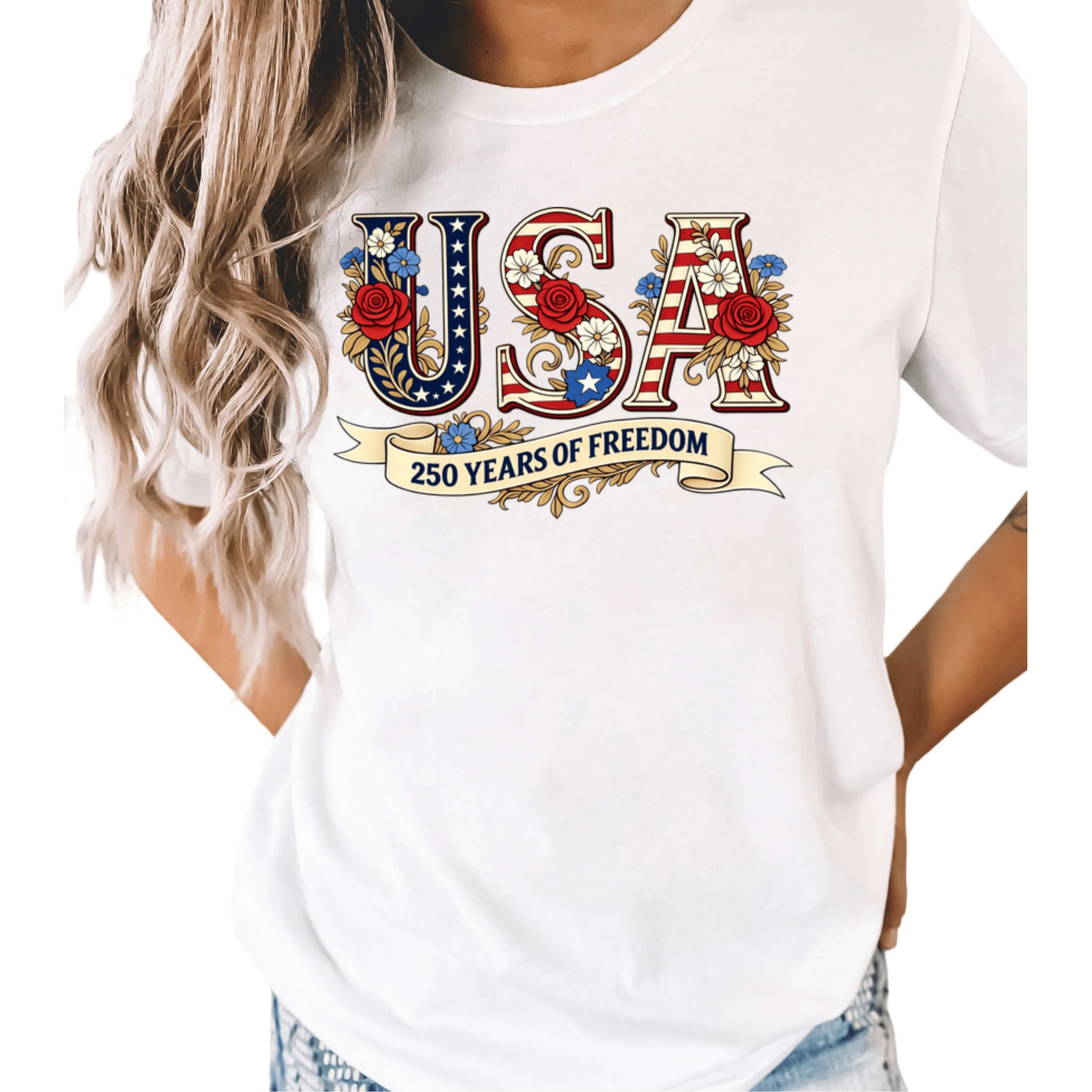 Women's Patriotic 250th Anniversary USA Print Short Sleeve T-Shirt White S-5XL Fashion Oversized Top