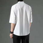 Japanese Stand Collar Non Iron Stretch Shirt Men Summer Loose Solid Short Sleeve Business Casual Daily Office Commute Wear Top Gift