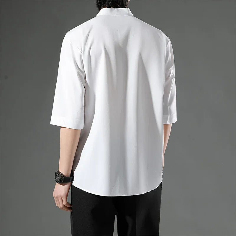 Japanese Stand Collar Non Iron Stretch Shirt Men Summer Loose Solid Short Sleeve Business Casual Daily Office Commute Wear Top Gift