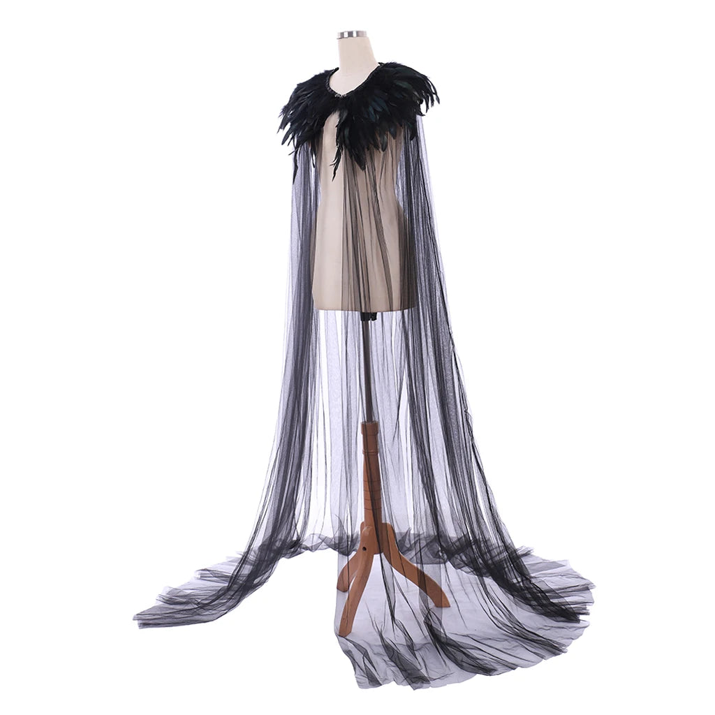Gothic Black Feather Cloak Unisex Medieval Cape Shawl Mesh Festival Rave Role Playing Cosplay Costume Carnival cloak