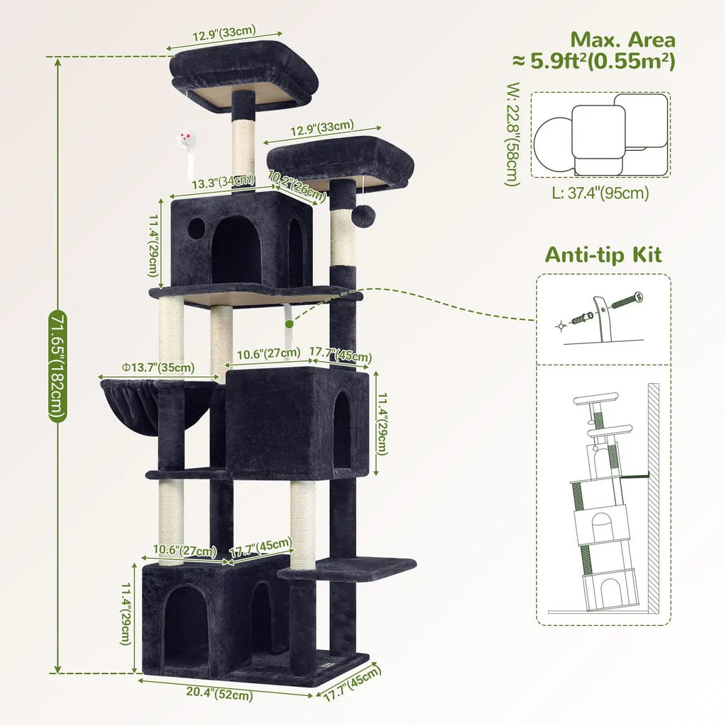 Indoor Use, Multi-Level Cat Tree in Dark Gray, with 3 Condos, Scratching Posts and Soft Extra Large Hanging Basket