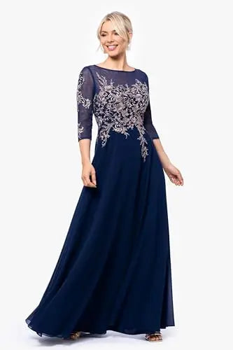 Women Boat Neck 3/4 Mesh Sleeve Floral Lace Appliques Chiffon Long Dress Elegant A Line Wedding Party Mother of Bride Formal Evening Maxi Gown