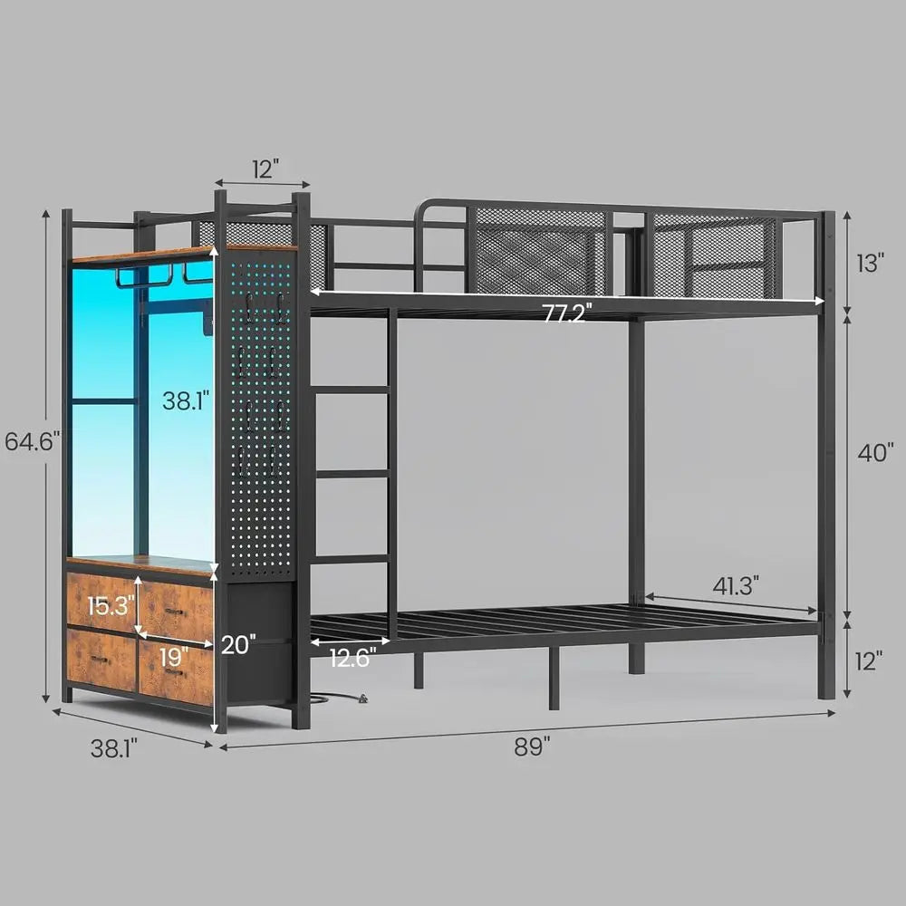 Itaar Metal Bunk Bed Twin Over Twin with Hall Tree, Power Outlet, LED Bunk Bed with 4 Storage Ders, Bed with Saety Guardrail & L