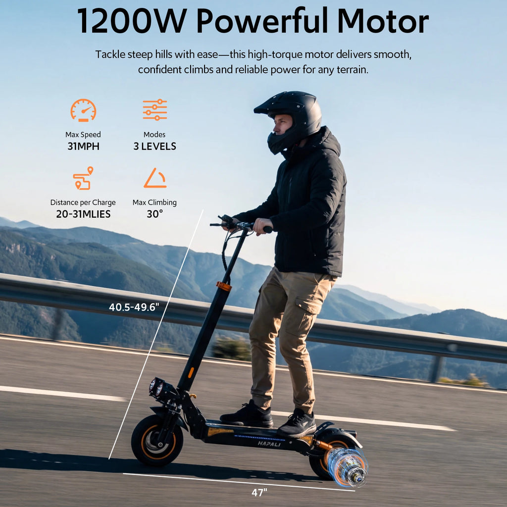 Off-Road Electric Scooter, 1200W Motor, 31 Miles Range, 31 MPH, 11' All-Terrain Tire Double Suspension Side Light Disc Brakes for Adults