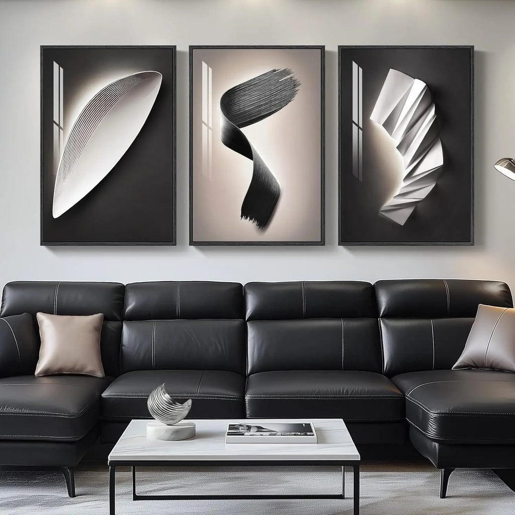Large Framed Modern Wall Art for Living Room, 3 Piece Black and White Abstract Contemporary Pictures Artwork Decor, Geometric Luxury Bright Style Prints Paintings for Hallway and Office 24x36 Inch