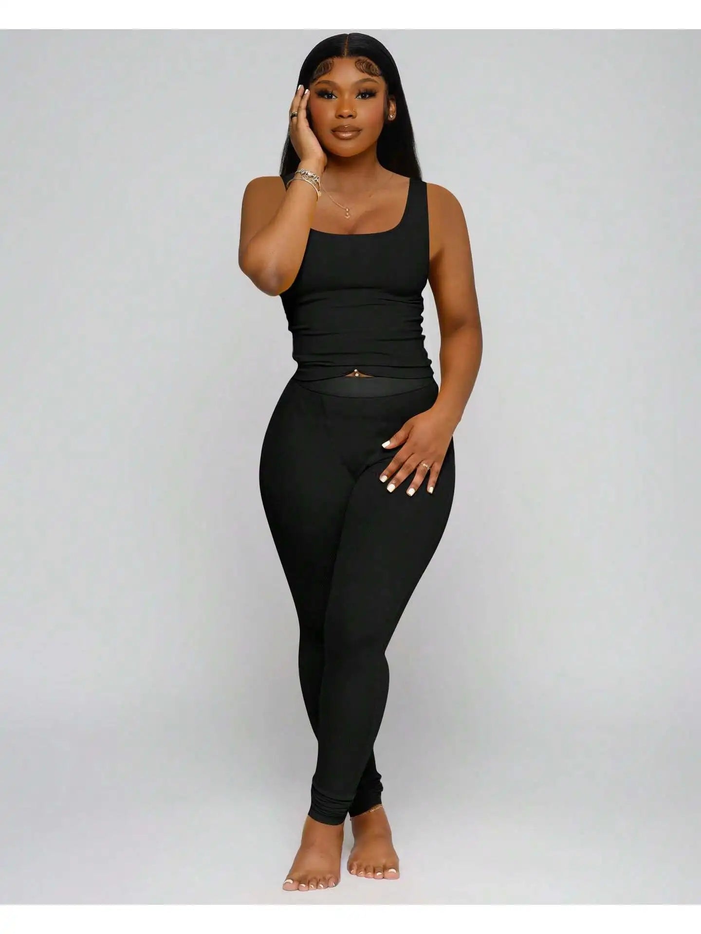 Women 2-Piece Activewear Set, ribbed crop tank top matched with high waist yoga leggings. Stretchy and skin-friendly fabric, snug fit, perfect for workout, yoga, gym training and daily casual leisure wear all day round