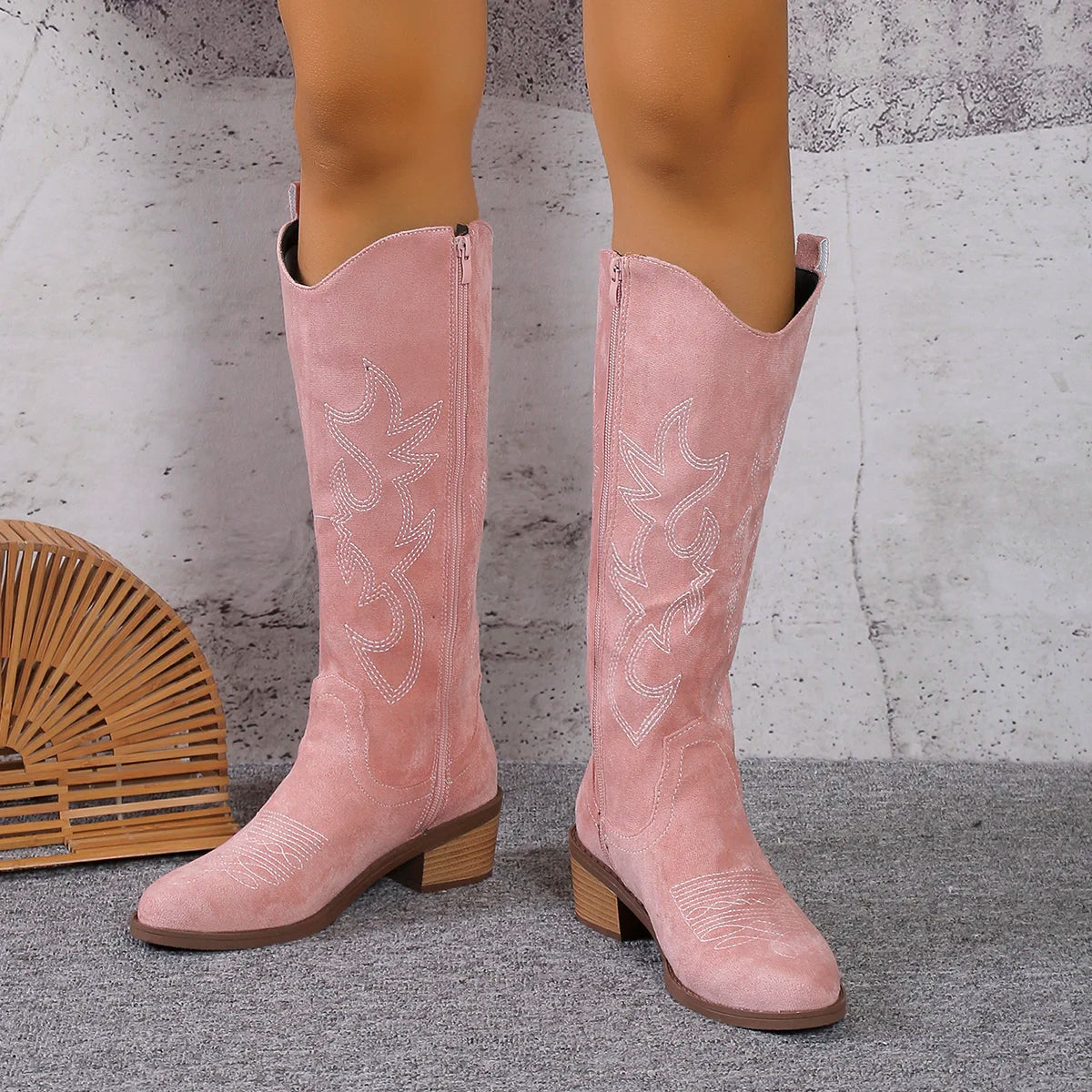 Western Cowboy Boots for Women - Knee High Wide Calf Cowgirl Boots with Classic Embroidered, Suede denim boots,Slip On Pointed T