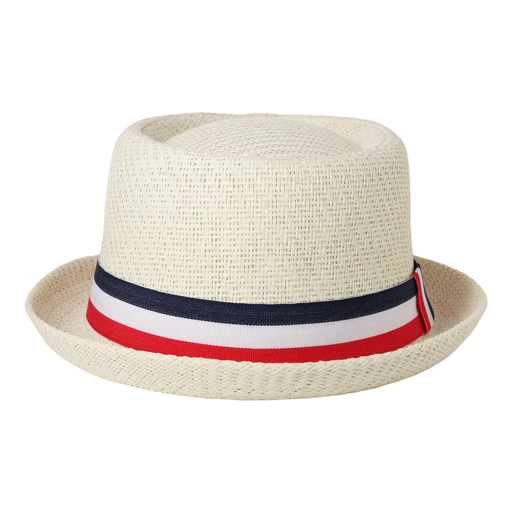 Red, white, and blue striped straw hat with rolled brim and decorative ribbon; retro casual jazz hat; unisex summer sun hat.