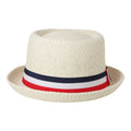 Red, white, and blue striped straw hat with rolled brim and decorative ribbon; retro casual jazz hat; unisex summer sun hat.