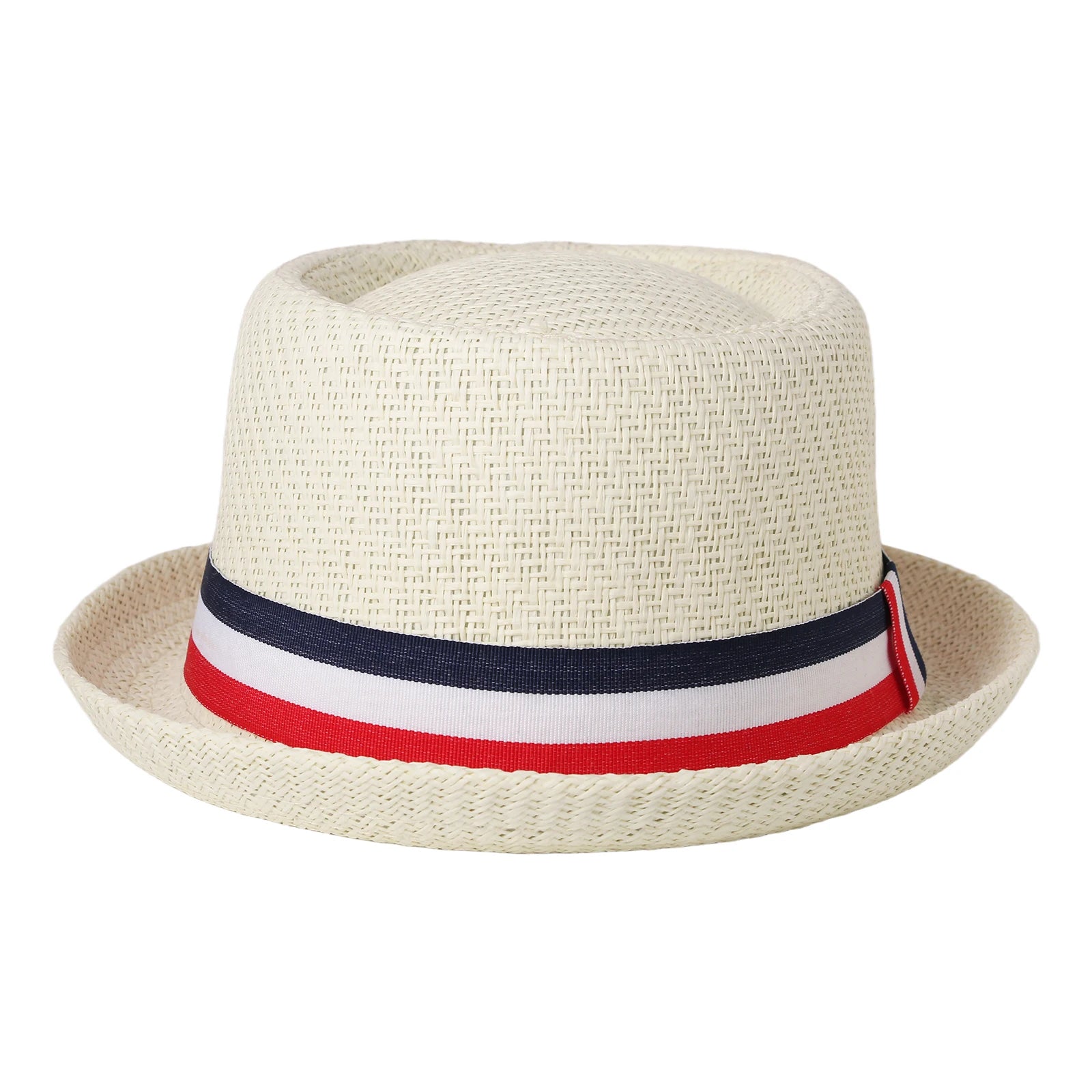 Red, white, and blue striped straw hat with rolled brim and decorative ribbon; retro casual jazz hat; unisex summer sun hat.