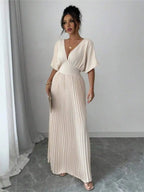 Deep V Neck Pleated Elegant Floor Length Dress For Women Summer