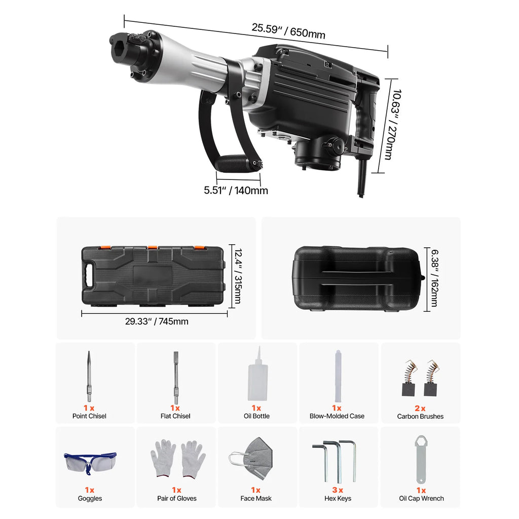 SucceBuy Demolition Jack Hammer 2800 W Powerful Electric Jackhammer 1200 BPM Concrete Breaker with Carrying Case Gloves