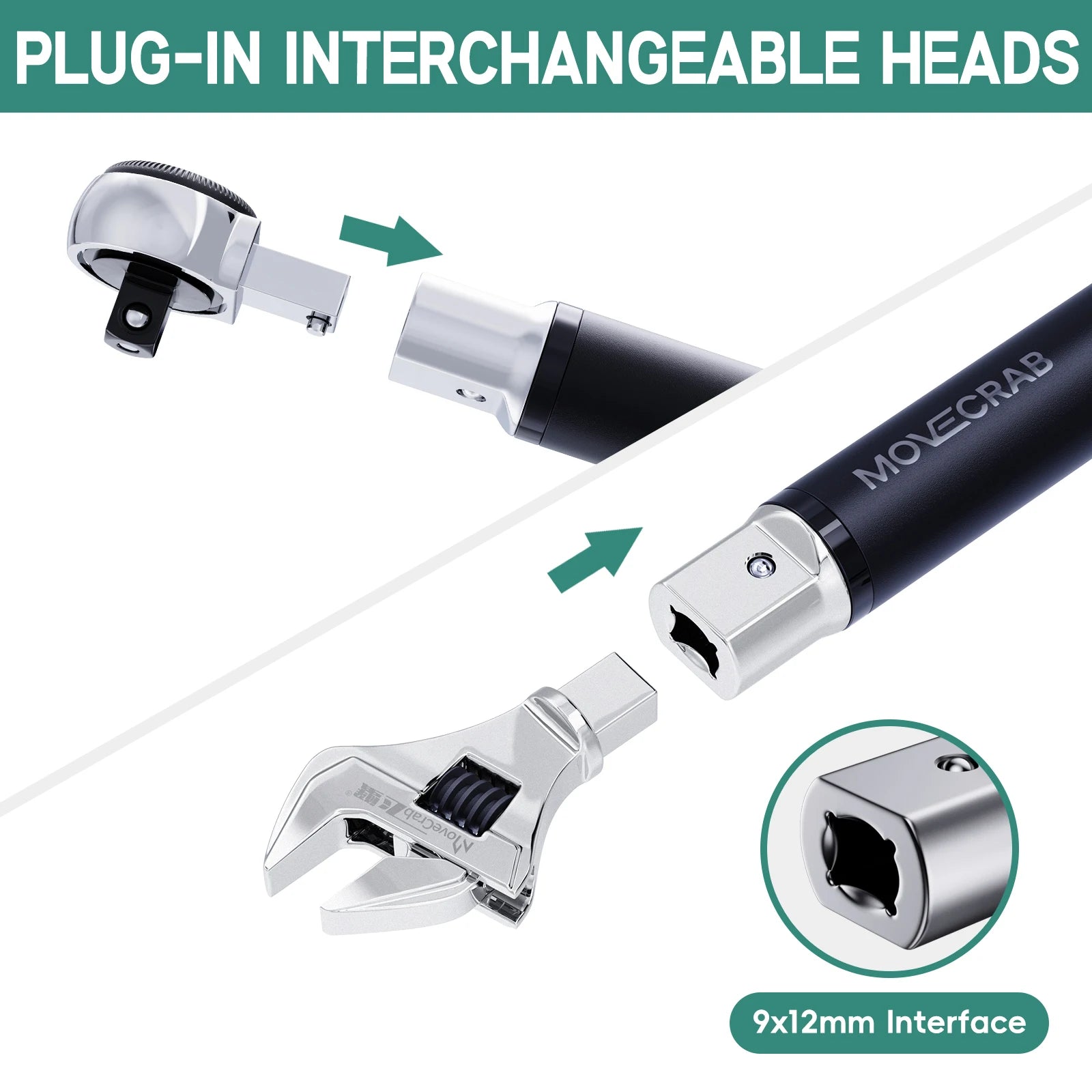 MoveCrab Digital Torque Wrench 6.8-135Nm Adjustable Precision Click Torque Wrench Set with Interchangeable Heads (Ratchet & Open-End), Ft-lb/Nm Dual Scale