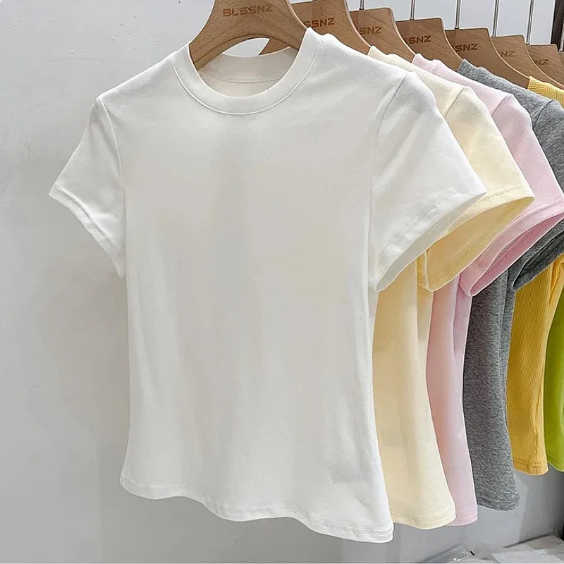 Zjaiss 2026 O-Neck Summer Sexy Basic Solid Short Sleeve T-Shirt Women Casual Korean Streetwear Tee