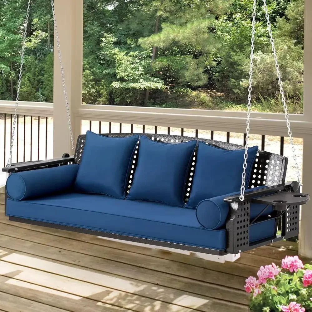 60-Inch Blue 3-Seat Porch Swing with Cup Holders and Cushions for Patio or Garden