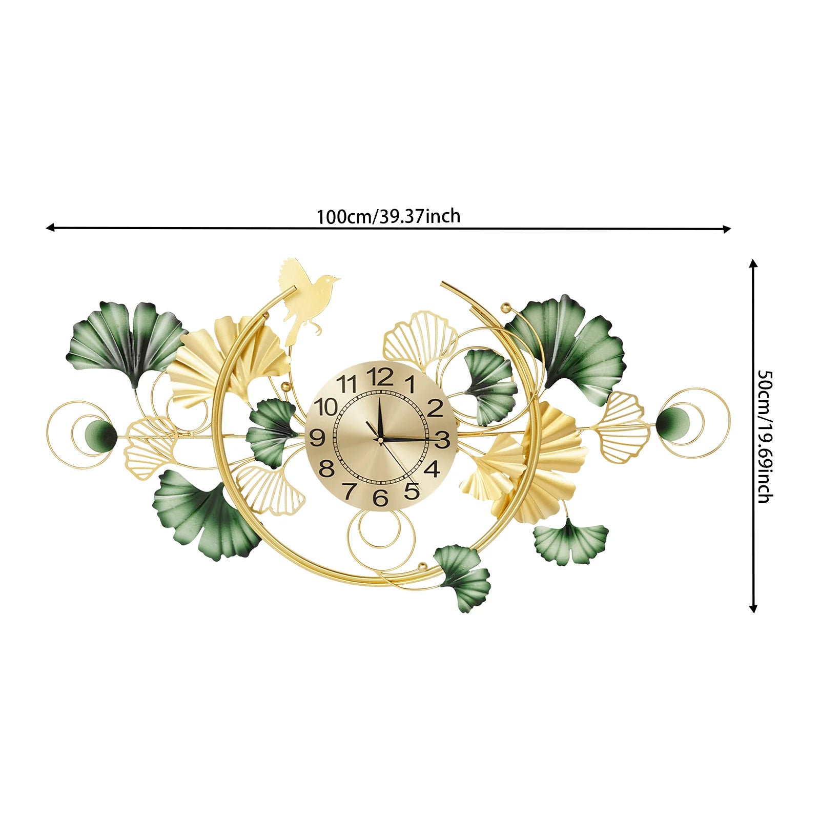Wall Clock Metal Ginkgo Leaf Decor Large Hanging Silent Art Clock 100x50cm Modern Living Room Decorative Clock for Bedroom Office Hotel Restaurant Cafe Entrance Handmade Iron Large Wall Art Gold Green Elegant Gift