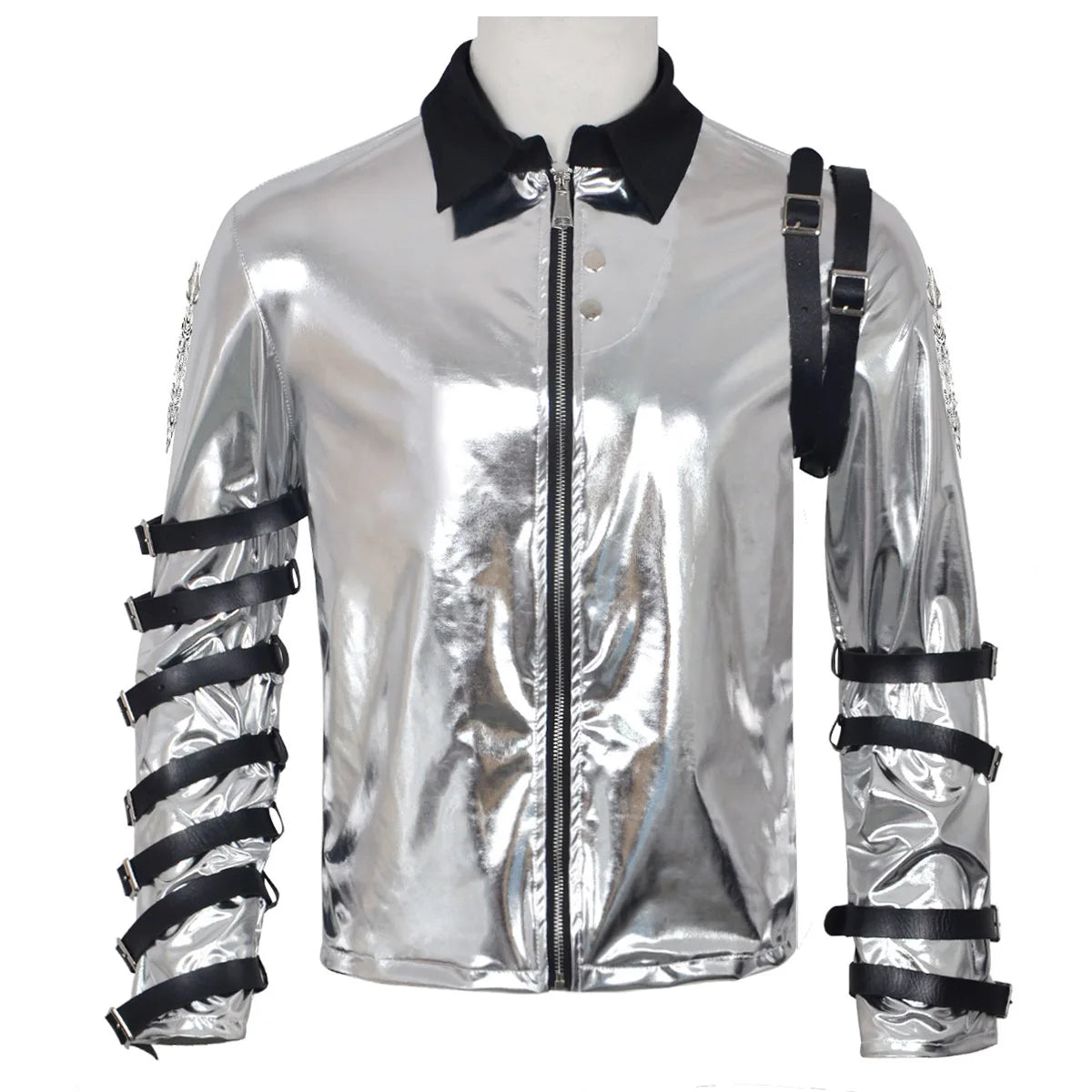 A person named Michael imitates costumes cosplay costumes performance costum silver leather jackets Halloween stage costum