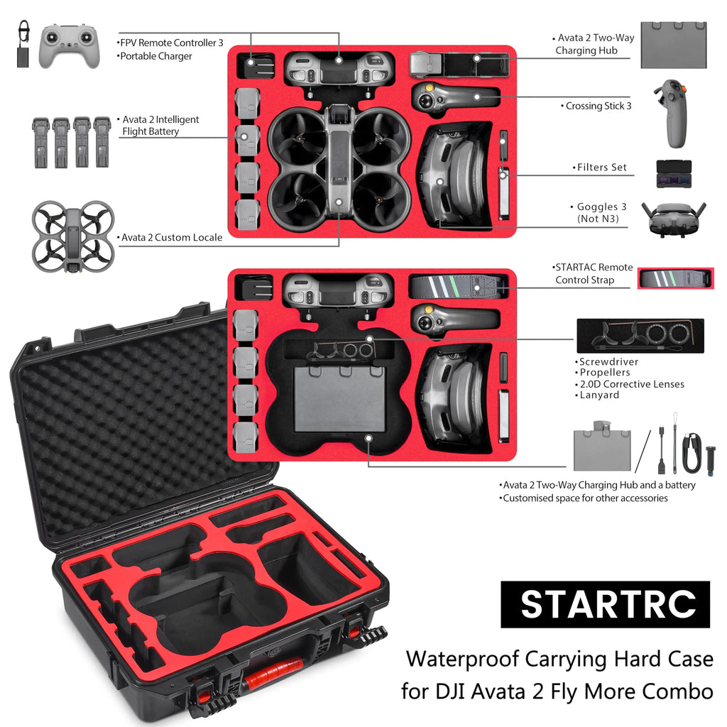 STARTRC Avata 2 Case,Waterproof Carrying Hard Case for DJI Avata 2 Fly More Combo with Goggles 3(NOT for Goggles N3),FPV Remote Controller 3,Battery Charging Hub,FPV Drone Accessories