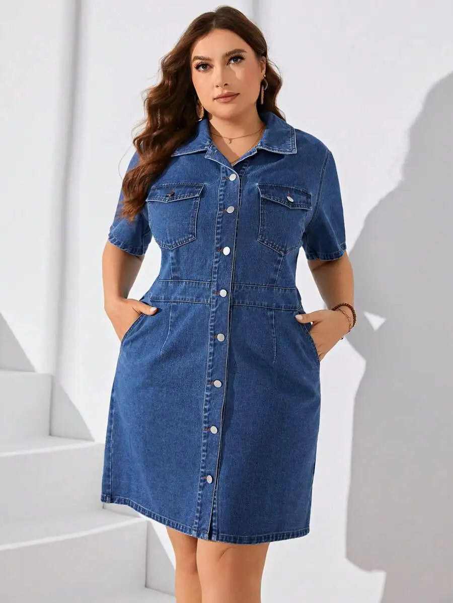 Plus Size Button-Down Casual Short Sleeve Denim Dress