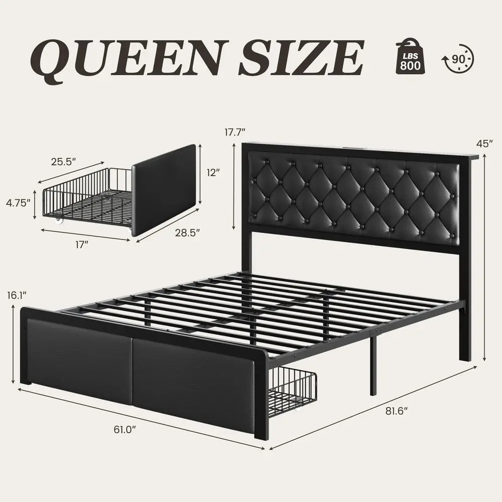 Queen Bed Frame with 2 Storage Drawers, Upholstered Headboard Button Tufted Bed Frame with Charging Station, No Box Spring Need