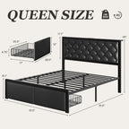 Queen Bed Frame with 2 Storage Drawers, Upholstered Headboard Button Tufted Bed Frame with Charging Station, No Box Spring Need