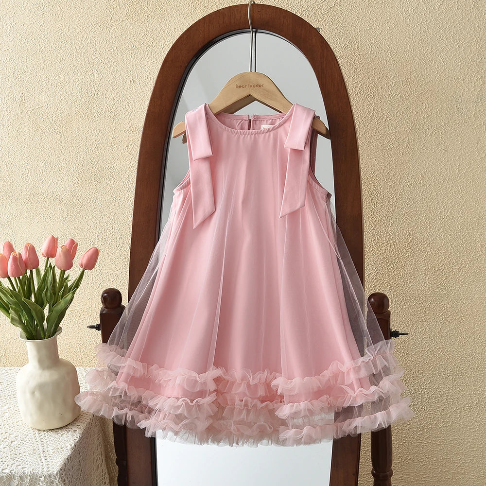 Bear Leader 2025 Korean Bow Sleeveless Mesh Princess Dress Baby Girl Wedding Party Birthday Easter Summer